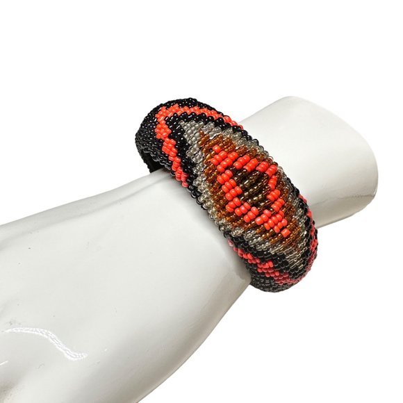 Aztec Pattern Black and Orange Beaded Bangle Statement Bracelet - Picture 5 of 8